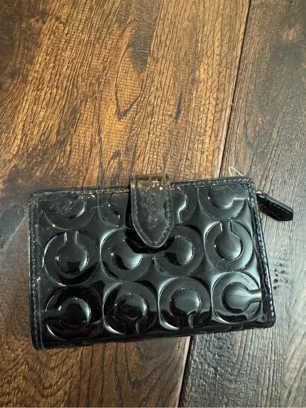 NWOT Coach Black Patent Leather Embossed C Zip Wallet with Gold Tone Logo